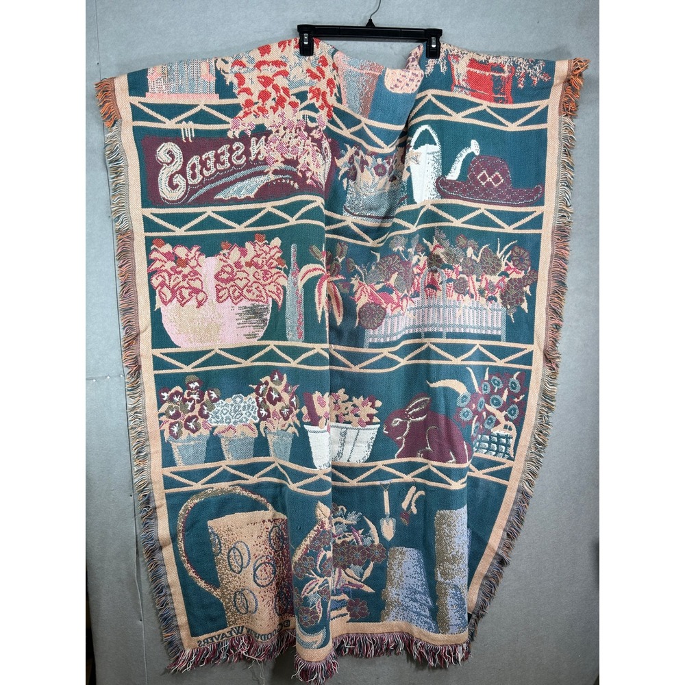 Vintage Goodwin Weavers Garden Tapestry Throw Blanket Cotton Fringed USA Made
